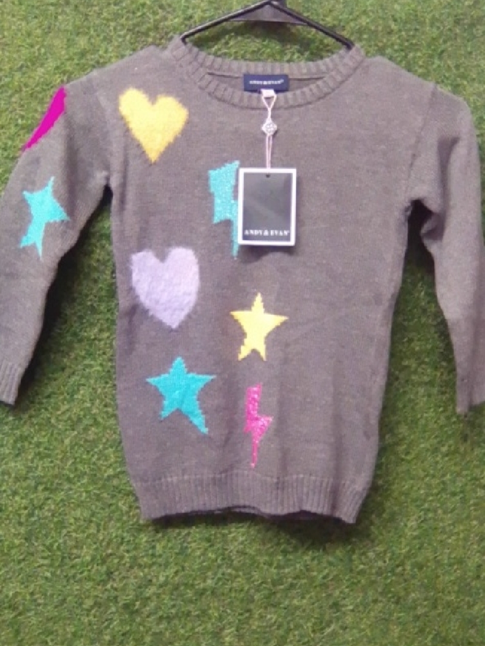 Andy & Evan Gray Sweater with Multicolor Hearts & Stars